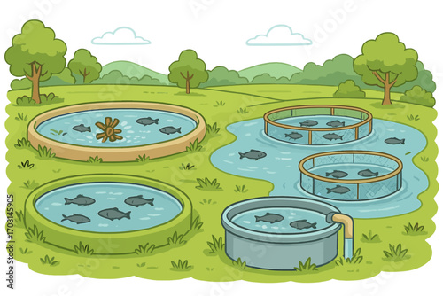 Aquaculture fish farming industry concept. Cartoon vector illustration of various fish ponds, tanks, net cages, and aerator for seafood production in a rural landscape.