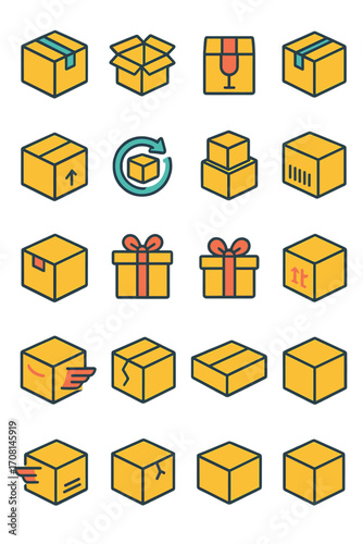 Package Delivery icons in modern flat vector style in minimalistic vibrant color design: sealed box, open box, fragile label box, package with tape,