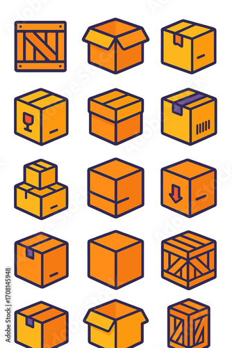 Logistics Boxes icons in modern flat vector style in minimalistic vibrant color design: cargo crate, bulk box, delivery package, labeled container,