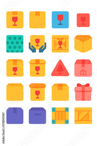 Fragile Cargo icons in modern flat vector style in minimalistic vibrant color design: fragile marked box, taped package, glass symbol box, small