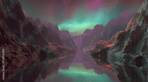 Aurora Borealis Over Mountain Canyon with Reflective Water Scene