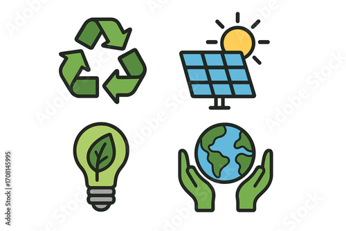 Ecology icon set. Sustainability, renewable energy, environmental conservation concepts. Recycling symbol, solar panel, green lightbulb, hands holding earth. Vector illustration.