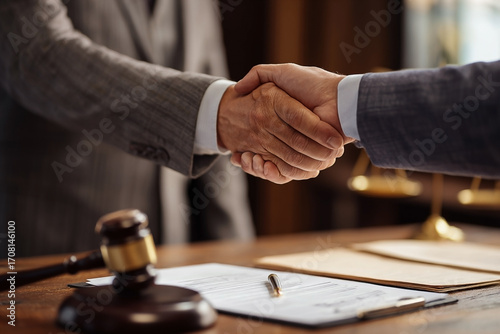 Formal handshake over legal documents showcasing partnership in judicial context