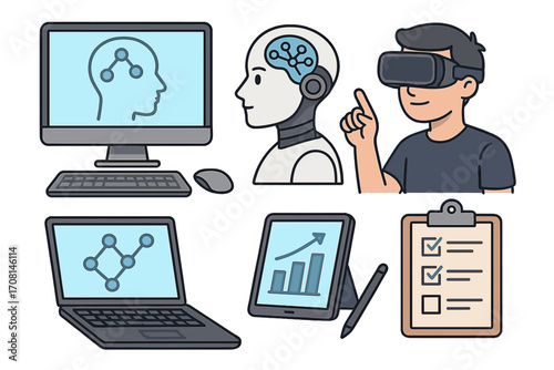Set of modern workspace icons. Technology, virtual reality, and AI tools for productivity. Business innovation concept. Metaverse, data analysis, robot, checklist. Vector illustration.