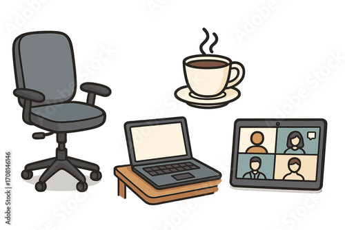 Modern workspace elements for remote work and home office. Includes office chair, laptop, coffee, and virtual meeting on tablet. Concept for productivity and collaboration.