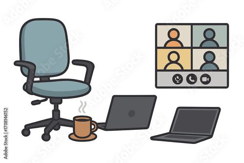 Remote work and virtual meeting concept. Modern home office scene with computer, chair, and online conference call. Business collaboration and telecommuting productivity.