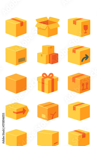Package Icons icons in modern flat vector style in minimalistic vibrant color design: sealed box, open box, taped box, fragile label box, barcode box,