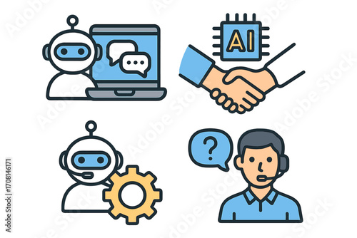 AI chatbot icons for customer service and tech support. Concepts of bot assistant, call center agent, automation, and human-machine collaboration. Vector line art pictogram.
