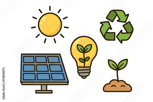 Renewable energy concepts with eco-friendly icons. Solar panel, sun, plant in light bulb, recycling symbol. Vector set for sustainability, conservation and green power.