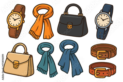 Vector collection of stylish fashion accessories. Cartoon set including wristwatches, scarves, handbags, and belts. Isolated clip art icons for men and women's apparel design.