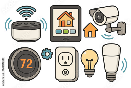 Smart home icon set for home automation. IoT technology concept. Vector collection with speaker, camera, thermostat, smart plug, light. Cartoon illustration of connectivity.