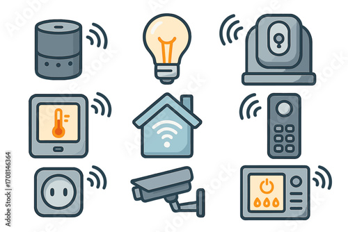 Smart home icon set with connected devices for home automation. Internet of Things (IoT) graphic collection with camera, light, thermostat, speaker, plug. Vector icons.
