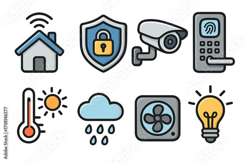 Smart home technology icons. Home automation vector set with security, surveillance, climate control, smart lock, temperature, weather, ventilation, and lighting symbols.