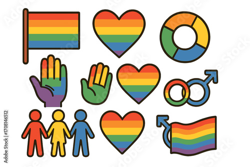 LGBTQ pride icon set vector. Symbols of diversity, inclusion, and equality. Rainbow flag, hearts, gender signs. Gay love and community concept. Human rights and tolerance.