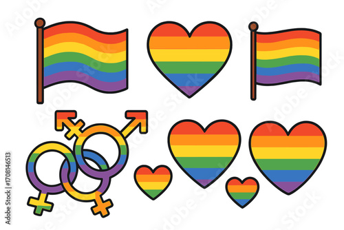 Vector set of LGBTQ+ pride symbols for diversity and inclusion. Cartoon illustration with rainbow flags, hearts, and gender icons. Equality and love concept for Pride Month.