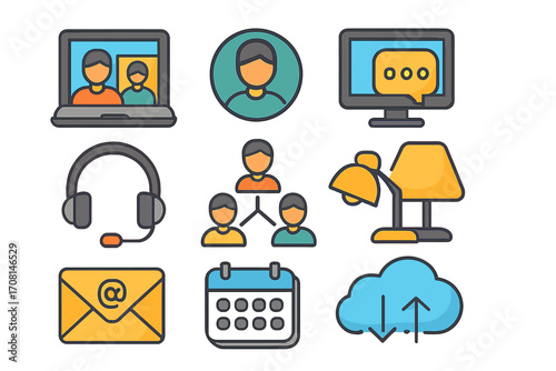 Set of vector icons for remote work and online collaboration. Symbols for business communication, video conference, freelancing, and home office tools. Line art illustration.