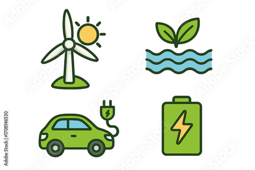 Set of renewable energy icons. Wind turbine, solar power, water resource, electric car, and battery charge symbol. Eco friendly concept for green technology. Vector cartoon.