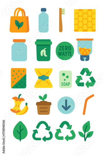 Zero Waste Living icons in modern flat vector style in minimalistic vibrant color design: reusable bag, refillable bottle, bamboo toothbrush, beeswax