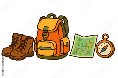 Hiking gear and travel equipment set with boots, backpack, map, and compass. Outdoor adventure and camping essentials for exploration. Vector cartoon isolated illustration.