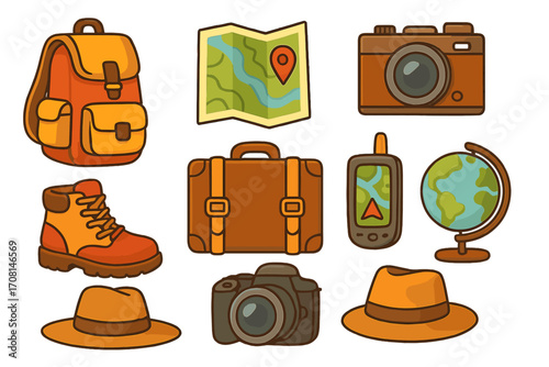 Travel and adventure icon set for tourism and vacation. Vector illustration collection of trip essentials like backpack, map, camera, suitcase, globe and hiking boot. Flat design.