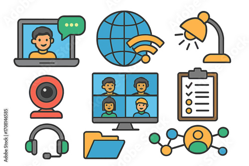 Remote work and online collaboration icon set. Vector symbols for virtual meetings, business communication, and webinars. Home office and freelance technology concept illustration.