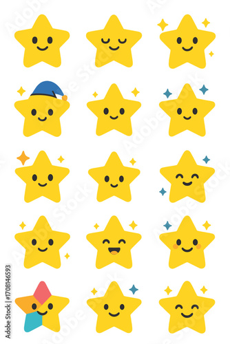 Children’s Stars icons in modern flat vector style in minimalistic vibrant color design: cartoon star, smiling star, playful sparkle, happy twinkle,