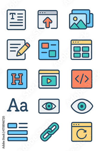 Content Management icons in modern flat vector style in minimalistic vibrant color design: text editor, image upload, media gallery, publish icon,
