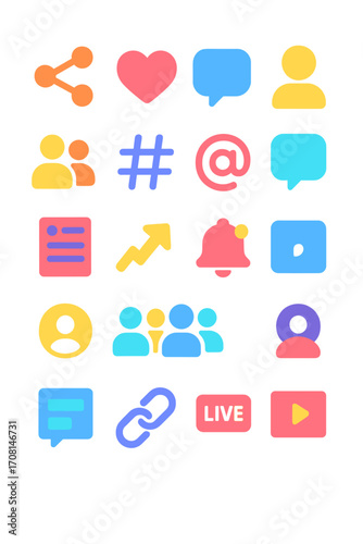 Social Web icons in modern flat vector style in minimalistic vibrant color design: share icon, like heart, comment bubble, follow icon, group avatar,
