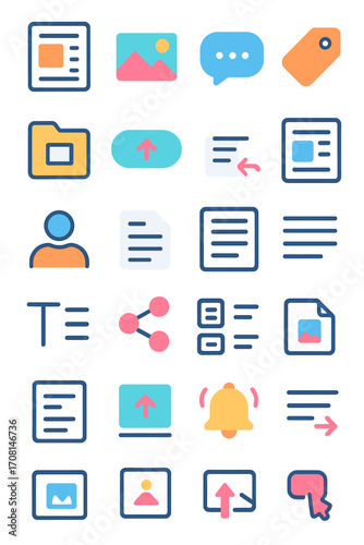 Blog and Articles icons in modern flat vector style in minimalistic vibrant color design: blog post, featured image, comment icon, tag icon, category