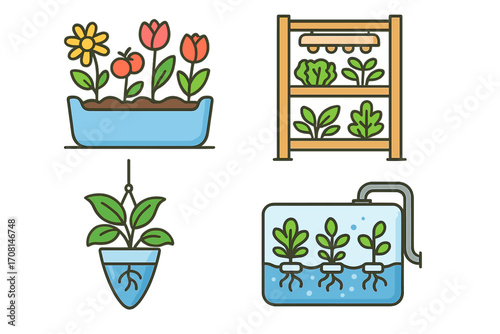 Modern urban gardening icon set. Indoor planters, hydroponics system, and grow light rack for home cultivation. Horticulture and botany concept vector illustrations.