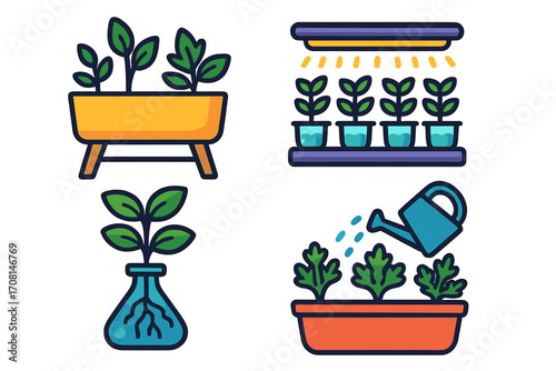 Modern gardening icon set with indoor planters and hydroponic systems. Vector cartoon illustration of plant care, seedlings, grow lights, and urban farming concepts.