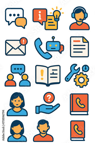 Online Support icons in modern flat vector style in minimalistic vibrant color design: live chat icon, FAQ icon, knowledge base, help desk, support