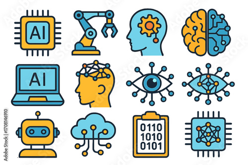 Artificial intelligence icon set. AI technology concept with robot, brain, machine learning, and neural network symbols. Vector illustration for data science and automation.
