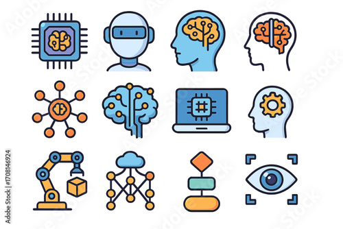 Artificial intelligence and machine learning icon set. Vector collection of AI technology concepts like neural network, robotics, deep learning, algorithm and computer vision.