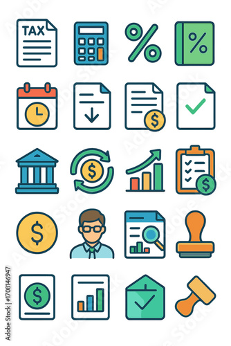 Tax and Accounting Icons icons in modern flat vector style in minimalistic vibrant color design: tax document, calculator, percentage symbol, ledger
