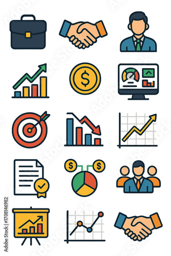 Business Finance Icons icons in modern flat vector style in minimalistic vibrant color design: briefcase icon, handshake icon, investor avatar, office