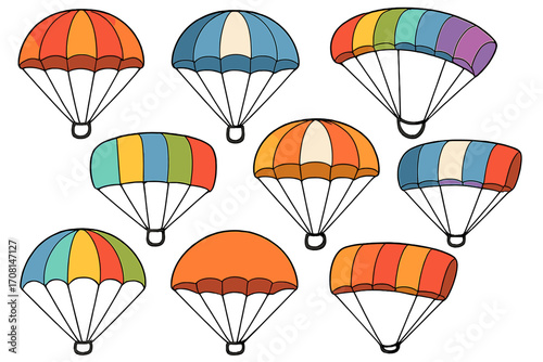 Colorful parachute set vector cartoon collection. Extreme sport, skydiving, paragliding design elements. Air adventure, flight, freedom, safety, landing concept icons.