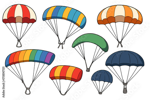 Set of colorful parachutes for skydiving and paragliding. Collection of various parachute designs, round canopy and ram-air. Extreme sport equipment vector icons.