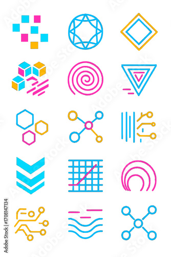 Cyber Geometry icons in modern flat vector style in minimalistic vibrant color design: pixel squares, wired circles, angular arrows, neon diamonds,