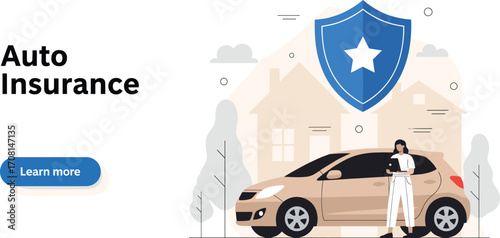 Auto Insurance Concept with Woman, Car, Mobile Device, Shield Icon, and Promotional Button for Vehicle Protection and Security Services
