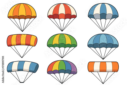 Set of various colorful parachute designs. Vector cartoon illustration collection of different skydiving and paragliding equipment. Extreme air sport icons for flight and jump.