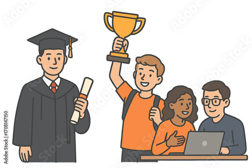 Education, graduation and achievement concept. Graduate with diploma. Winner with trophy cup. Students collaboration, teamwork, e-learning on laptop. Vector cartoon illustration.