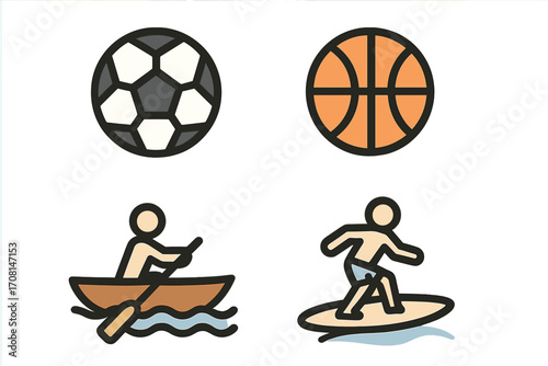 Sports icon set vector collection. Minimalist design of soccer ball, basketball, rowing boat and surfing. Flat cartoon illustration for web and mobile. Team and water sports.