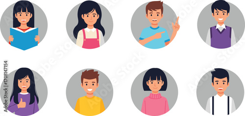 Diverse cartoon character portraits, young people expressions, hairstyle variety, avatar set, educational illustration, vector faces for profile and content use
