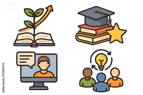 Education and success icon set. Teamwork, achievement, e-learning and personal growth symbols. Graduation cap, book, brainstorming and webinar vector illustration collection.