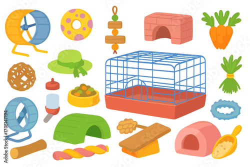 Set of hamster, guinea pig accessories. Pet shop supplies collection. Small rodent animal care equipment. Cage, wheel, food, house, toys. Vector cartoon illustration isolated