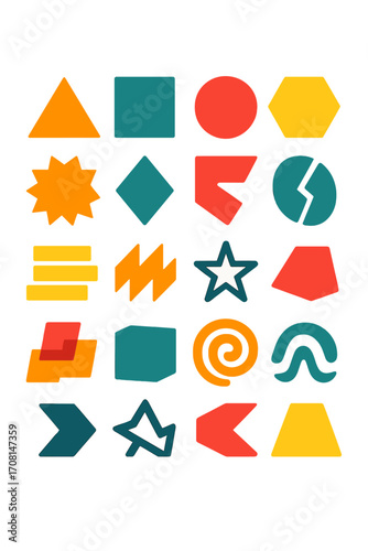 Brutalist Shapes icons in modern flat vector style in minimalistic vibrant color design: angular triangle, solid square, heavy circle, sharp hexagon,