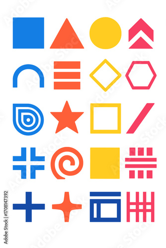 Minimal Brutalism icons in modern flat vector style in minimalistic vibrant color design: plain square, thick triangle, bold circle, harsh chevron,