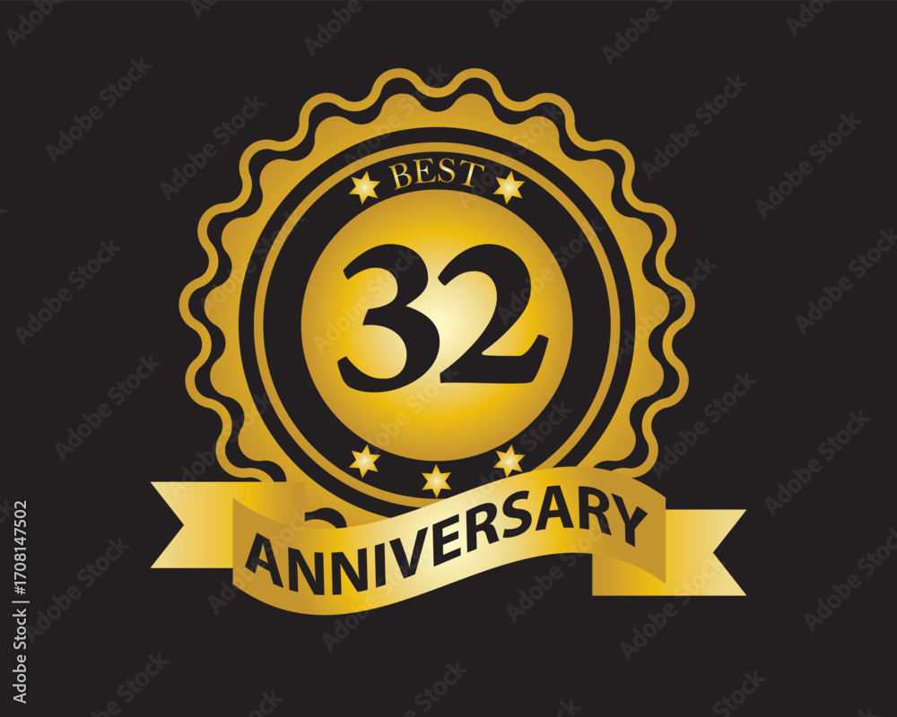 Naklejka premium 32nd Anniversary Golden Badge. Best Anniversary Seal with Ribbon. Vector Illustration on Black Background