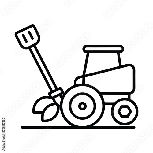 Outline icon of a potato plow and digger on a white background
